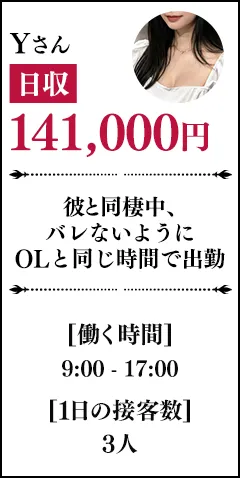 Yさん：日収14.1万／彼と同棲中、バレないようにOLと同じ時間で出勤／働く時間9時～17時／一日の接客人数3人